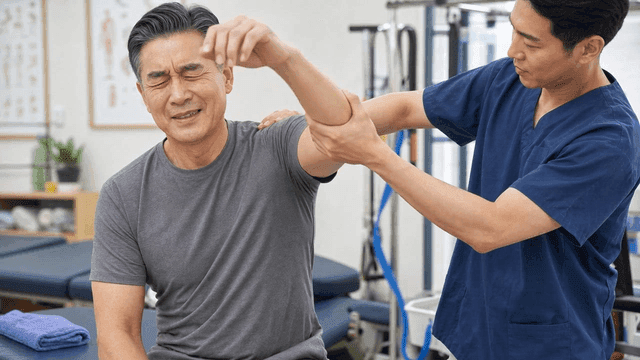 Therapist assisting man with arm rehabilitation exercises.