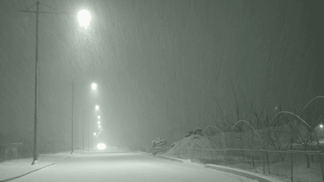 Snowy night street with streetlights