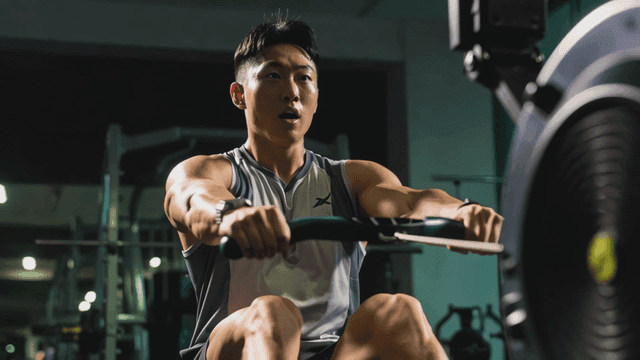 체육관에서 로잉 머신으로 운동하는 남성