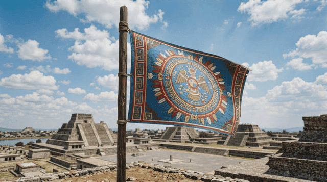 Colorful Teotihuacan flags and ancient ruins