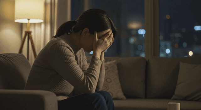 소파에 앉아 얼굴을 감싸고 힘들어하는 여성