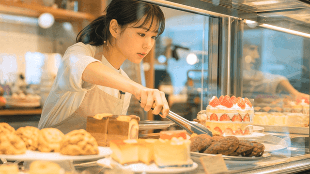 카페에서 페이스트리를 진열하는 여성