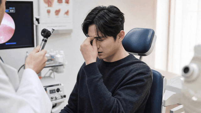 Male patient holding his nose in pain