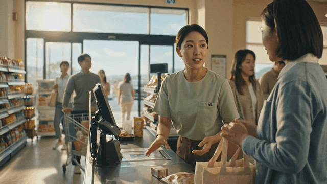 Clerk talking to customer at supermarket checkout counter