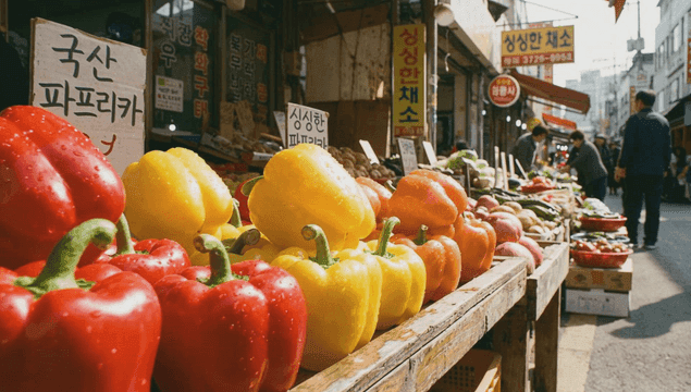 활기찬 시장의 다채로운 피망