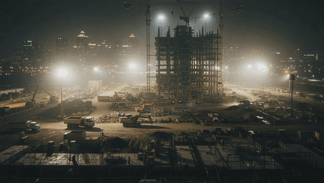 크레인이 있는 야간 건설 현장