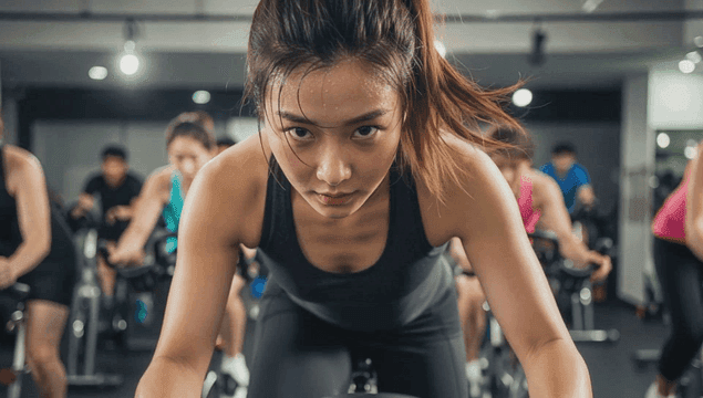 체육관에서 자전거 타는 정면을 보는 여성