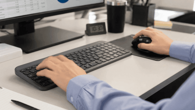 Hands typing on a keyboard in an office