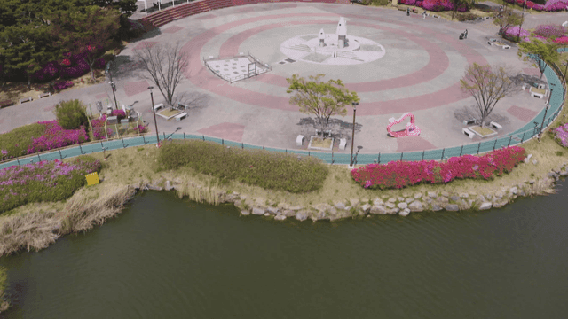 다채로운 꽃이 있는 공원의 분수