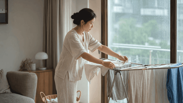 Woman hanging laundry at home on rainy day
