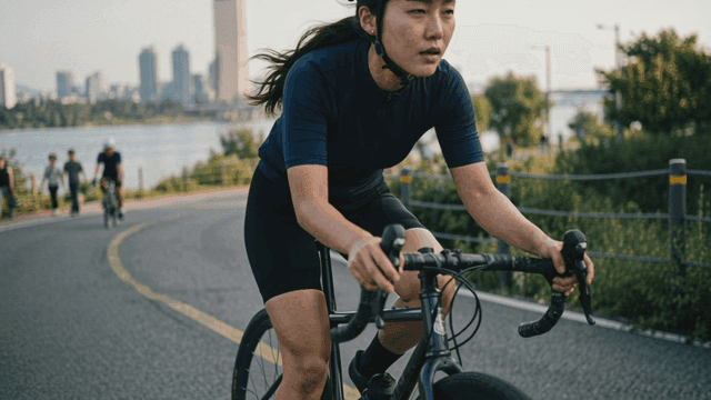 Cyclist riding bicycle along riverside path