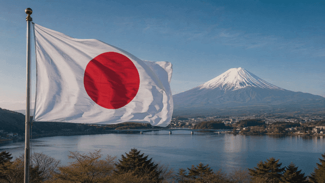 Japanese flag waving with Mount Fuji in the background
