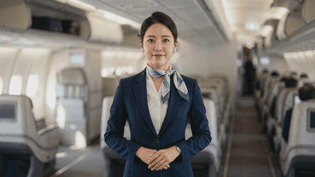 Flight attendant smiling in the airplane