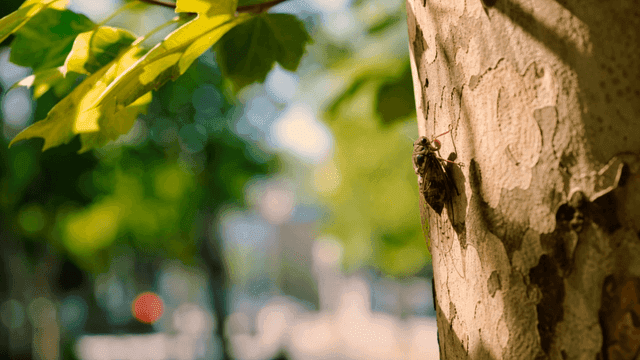 Cicada resting on a tree in a sunny park