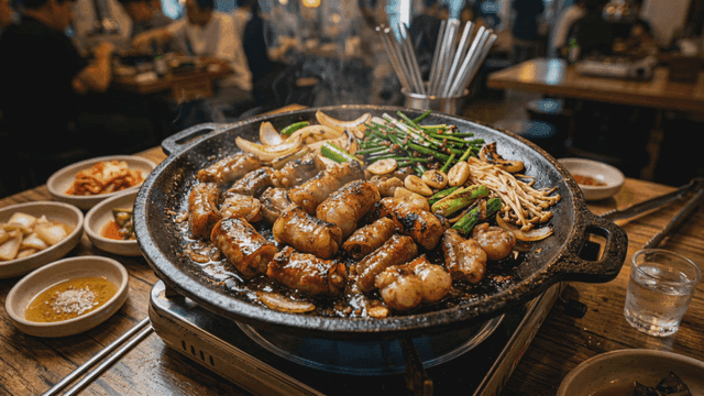 Grilled tripe and vegetables on grill