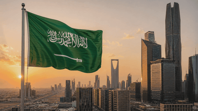 Saudi Arabian flag and city skyline