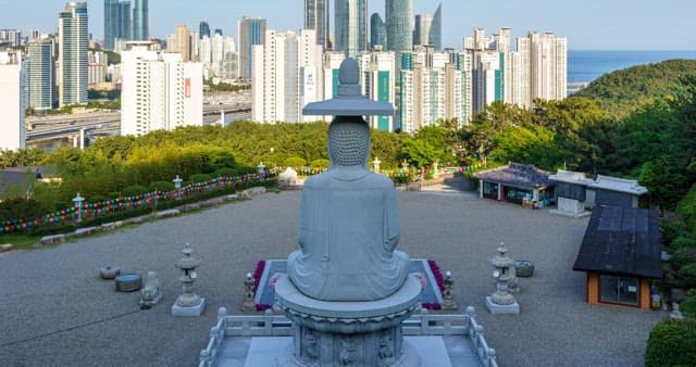 Back of a Buddha statue looking out over a city filled with buildings from day to night