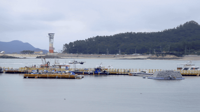 보트와 먼 언덕이 있는 해안 항구