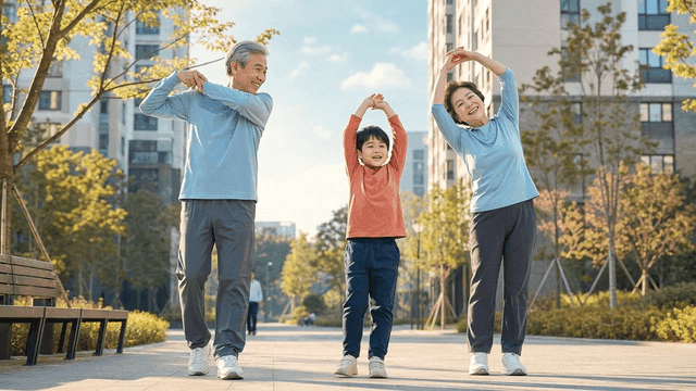 Elderly couple and their grandson stretching together in apartment complex