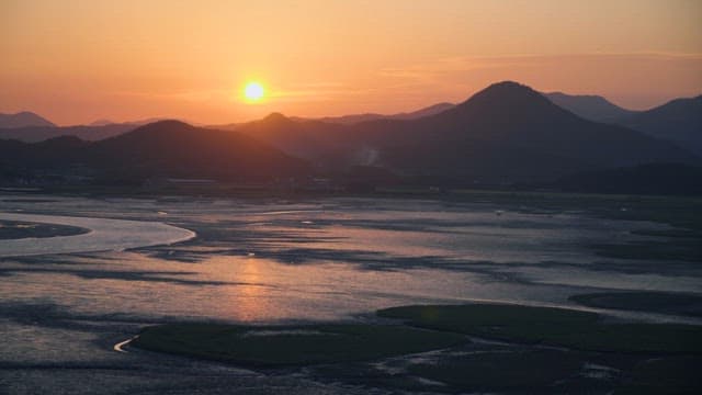 View of Suncheon Mudflats and Sunset over the Leaves