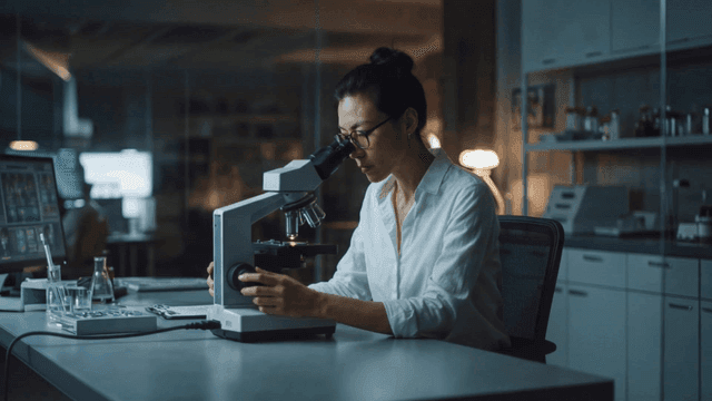 Female scientist looking at sample under microscope in laboratory late at night