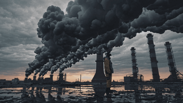 Person wearing gas mask walking against backdrop of smoke-emitting factory