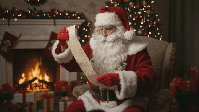 벽난로 옆에서 리스트를 읽는 산타
