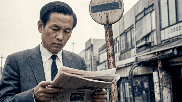 Male office worker reading newspaper on street in 1970s
