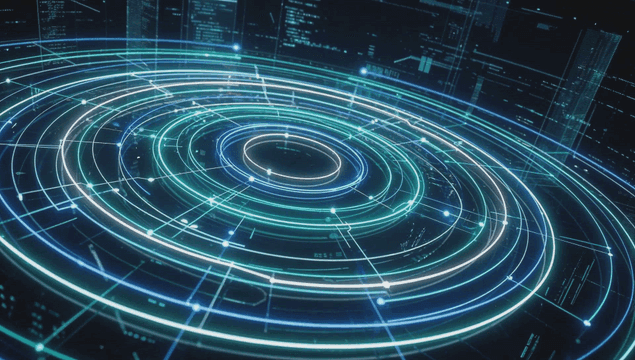 Futuristic digital interface with neon rings