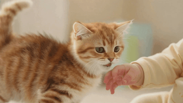 Baby reaching out to a curious kitten