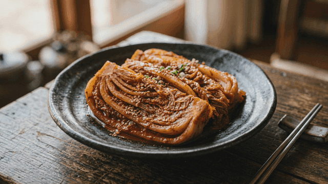 Aged kimchi on simple wooden table