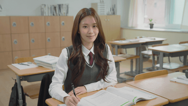 교실에서 공부하는 갈색 웨이브 머리 여학생