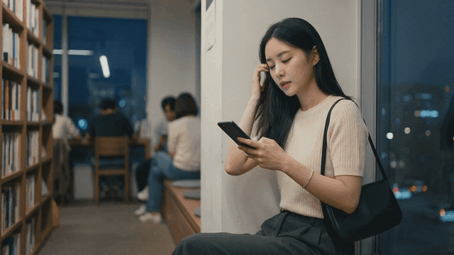 Woman using smartphone in library