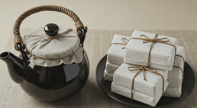 포장된 한약재와 김이 나는 주전자