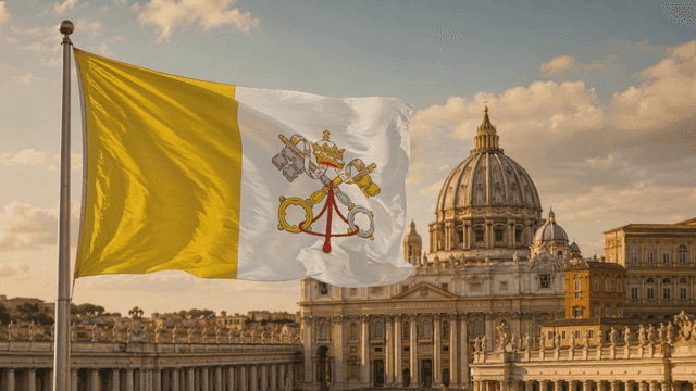 Vatican flag waving near St. Peter's Basilica