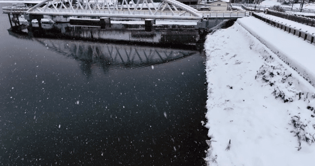 눈 내리는 강가를 걷는 사람