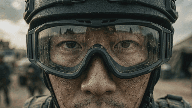Soldier wearing goggles with focused expression