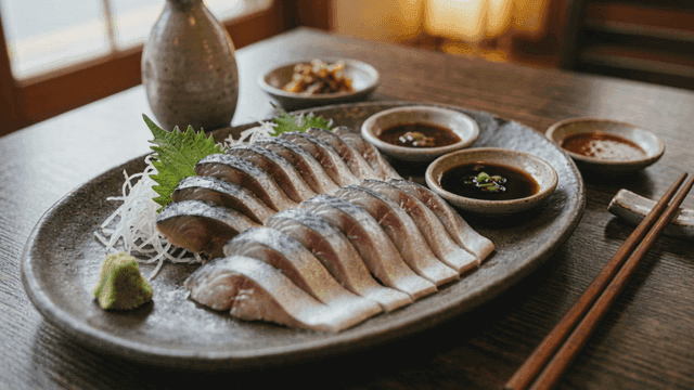 Sliced mackerel sashimi with condiments