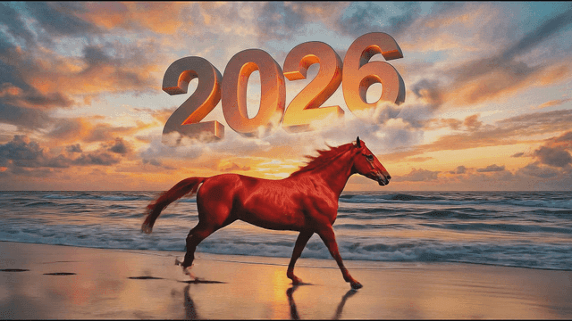 Red horse running on beach at sunrise in 2026
