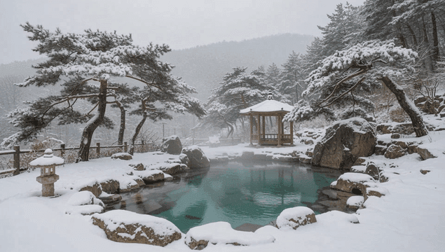 정자가 있는 눈 덮인 온천
