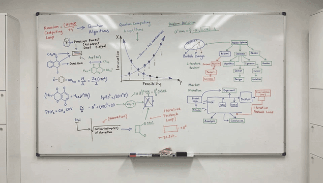 양자 알고리즘과 화학 반응식이 채워진 화이트보드
