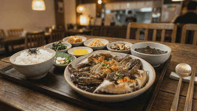 Table set with soy sauce marinated crab and side dishes