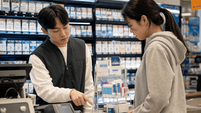 Employee explaining to convenience store customer