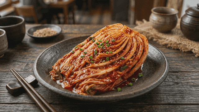 Plate of fresh kimchi at cozy restaurant
