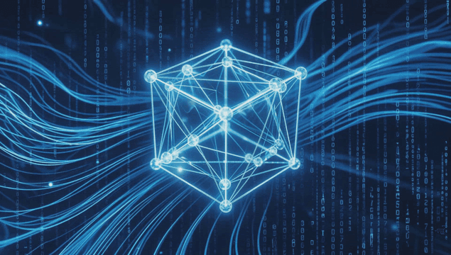 Digital cube with flowing data lines