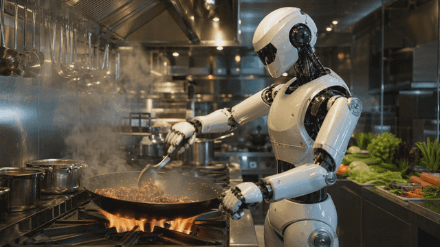 Robot cooking in restaurant kitchen