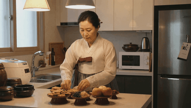 Woman in hanbok preparing traditional food