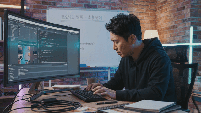 Focused programmer working on a project