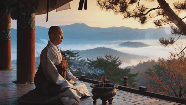 산 전망이 있는 사찰에서 명상하는 승려