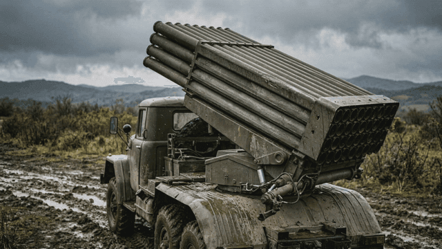Multiple rocket launcher vehicle on muddy road